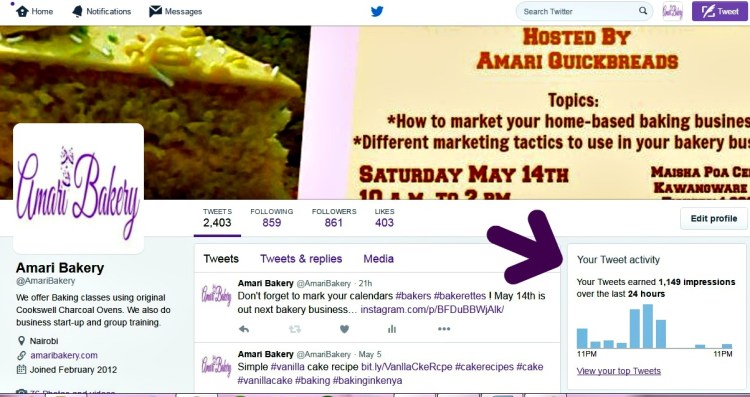 On your Twitter account, you can find the analytics on left hand side of the page